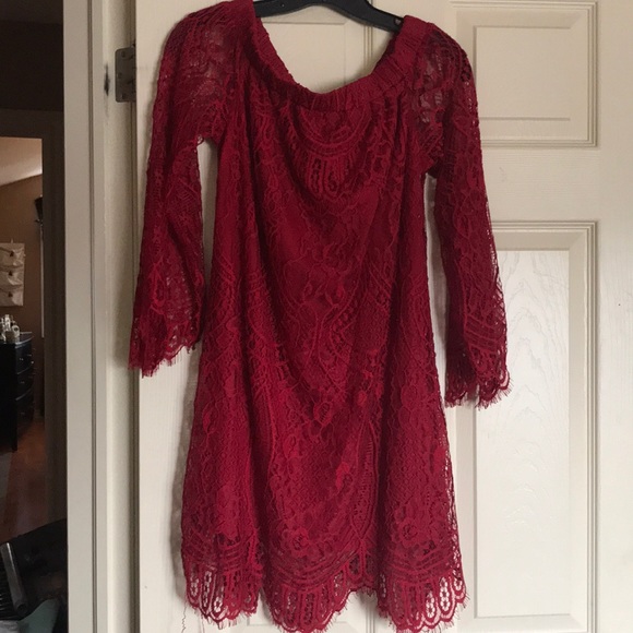 Off-The-Shoulder Red Lace Dress - Picture 1 of 3